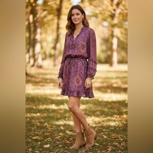 Frye & Co Boho Plum Metallic Print Dress – Women’s Large
